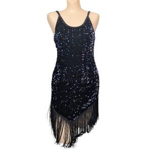 Y2K Sequin Bodycon Dress Small Asymmetric Fringe Whimsigoth Fairy Grunge Glam
